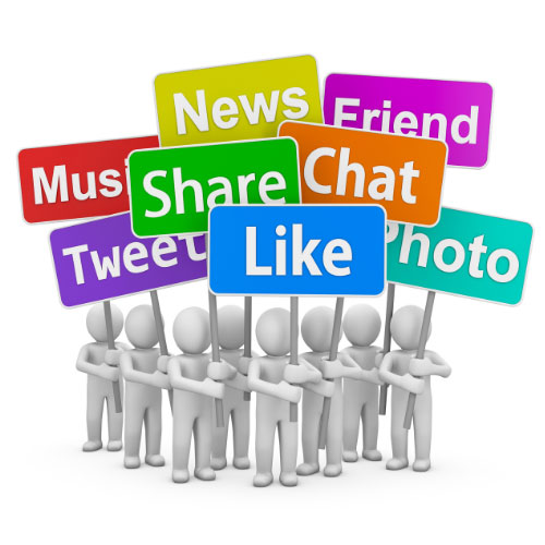 Drawing of people holding signs of social media interactions, such as like, friend, chat, etc.