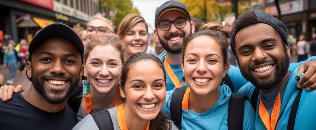 A group of volunteers happy about the success of their recent nonprofit social media strategy.