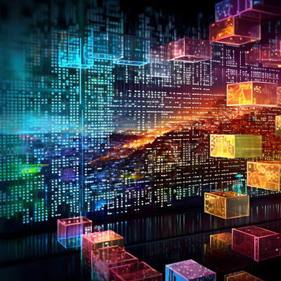 Concept of technology with a dynamic composition featuring interconnected software and AI in marketing.
