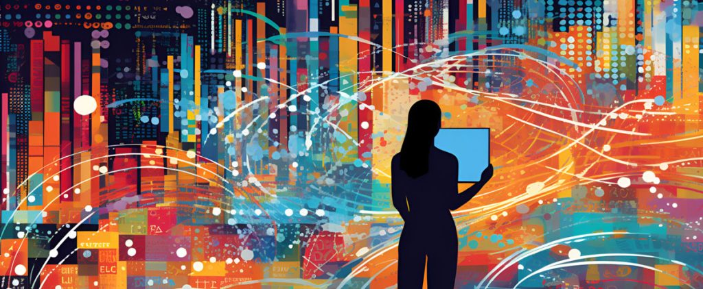 A woman with her laptop visualizing data on a wall with an AI marketing tool. 