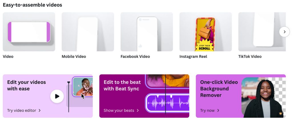 Screenshot of video editing options offered by Canva for social media posts and other.