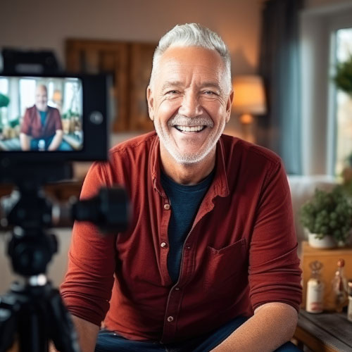 A male small business owner testing different types of videos on camera.