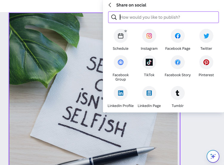 Screenshot on how to post from Canva to social media.