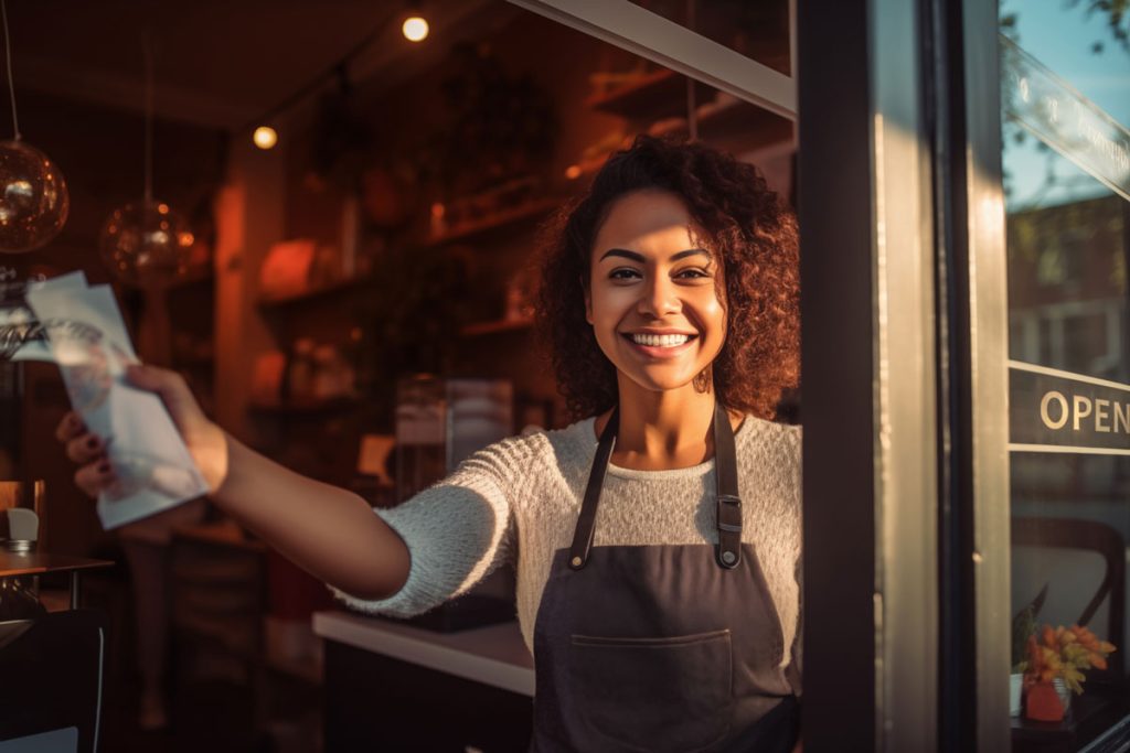A woman smiling as she opens the door of her storefront small business.