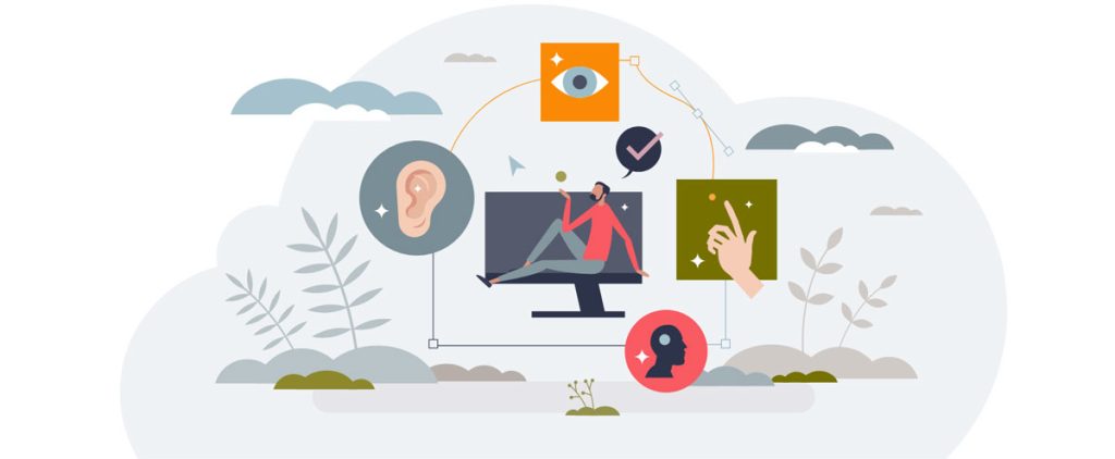 Accessibility symbols for web: ear, eye, finger pointing.
