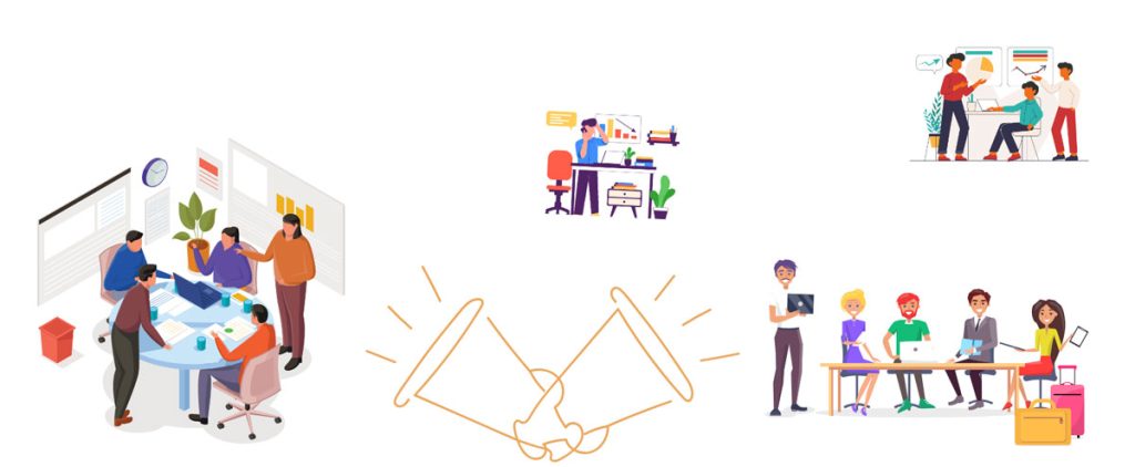 Groups of graphics representing several business teams as part of a B2B marketing audience.