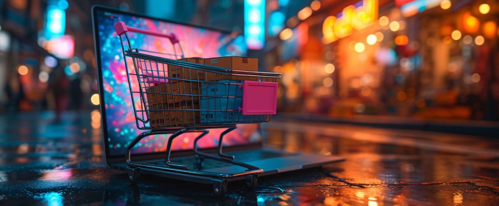 A shopping cart on a laptop highlighting strategies to increase annual business revenue.