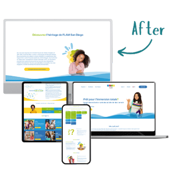 After image of FLAM San Diego nonprofit website displayed on four screens, redesigned by SMBGM nonprofit marketing agency.