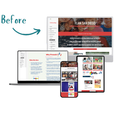 Before image of FLAM San Diego nonprofit website displayed on four screens.