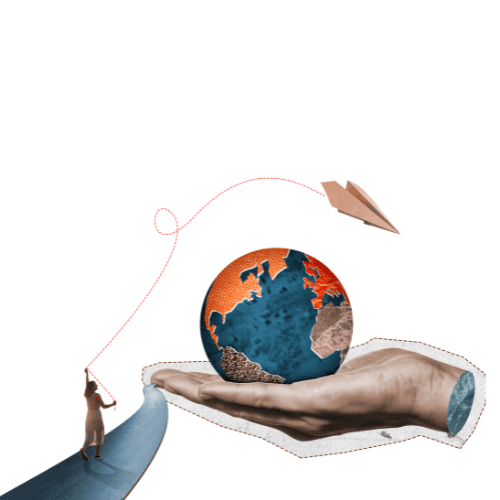 Woman walking on a path with a paper plane comet and hand holding the world, representing global marketing for SMBs.