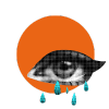 Collage-style image of an eye with blue tears on an orange background.