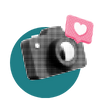 Camera with social media heart symbolizing platform integration in nonprofit marketing.