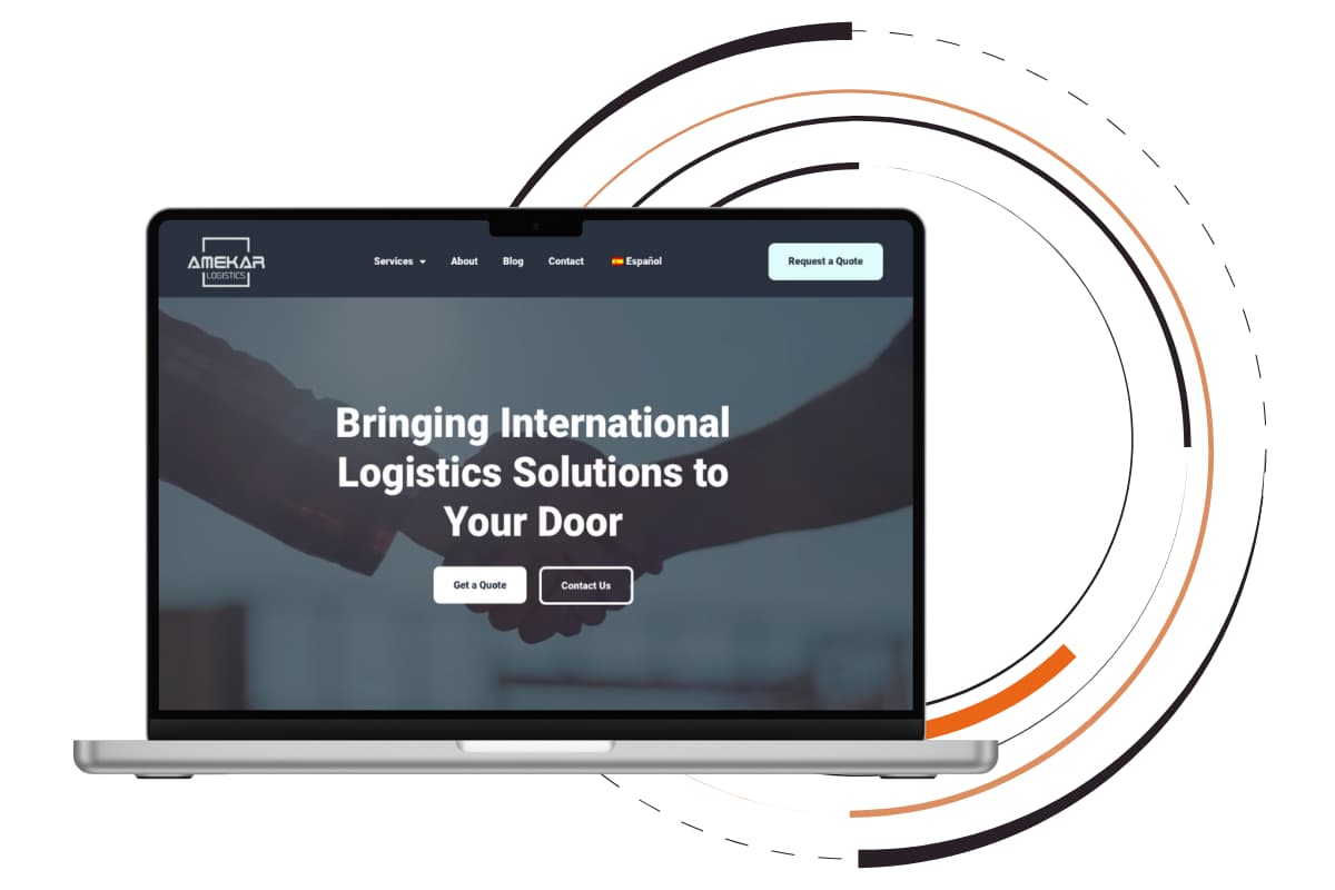 Amekar Logistics Home page on a laptop.