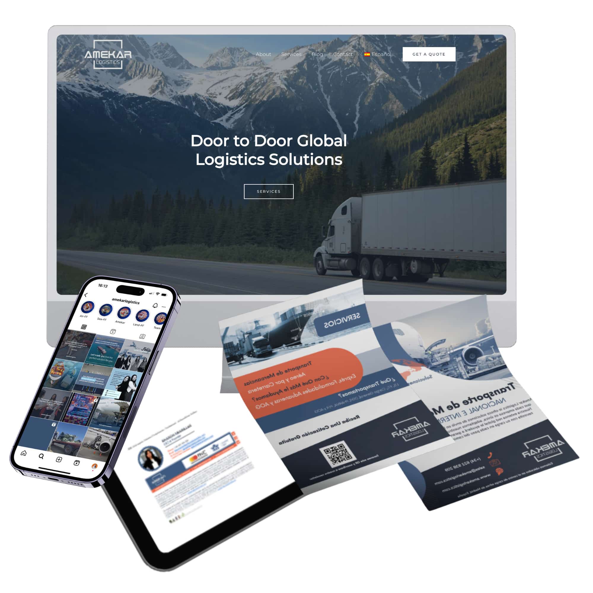 Amekar Logistics website, social media profile, email signature, and business flyers, showcasing comprehensive brand development services.