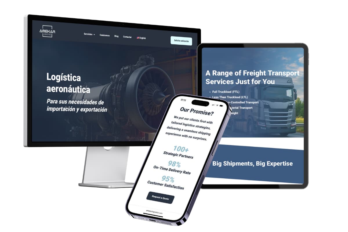 Amekar logistics website after rebranding on desktop, cell phone and Tablet.
