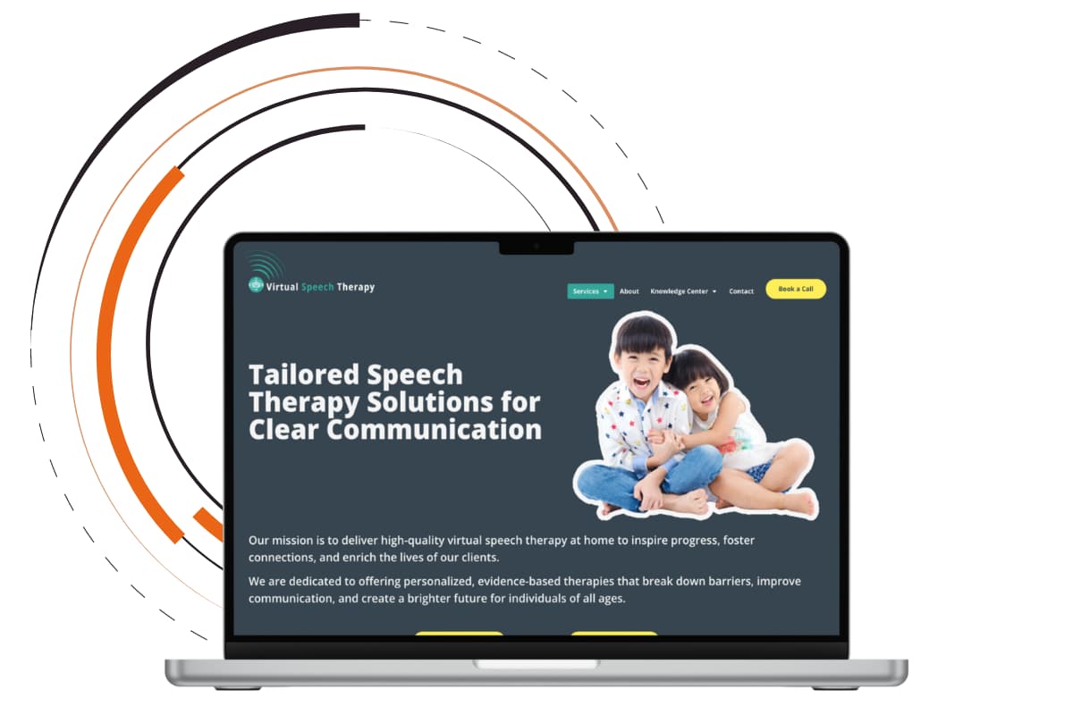 Services page of Virtual Speech Therapy, LLC on a laptop with some circles as the background of the image.
