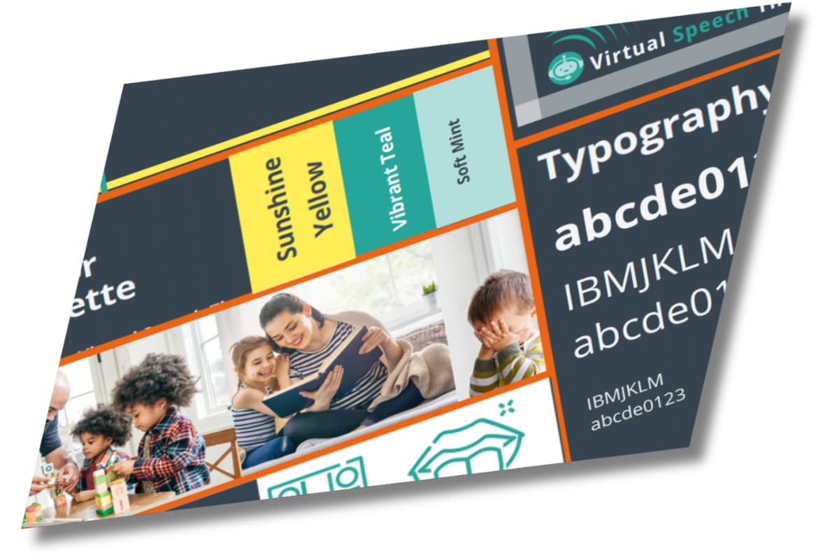 Overview of brand guide for Virtual Speech Therapy LLC, Colors, imagery, icons, and fonts.