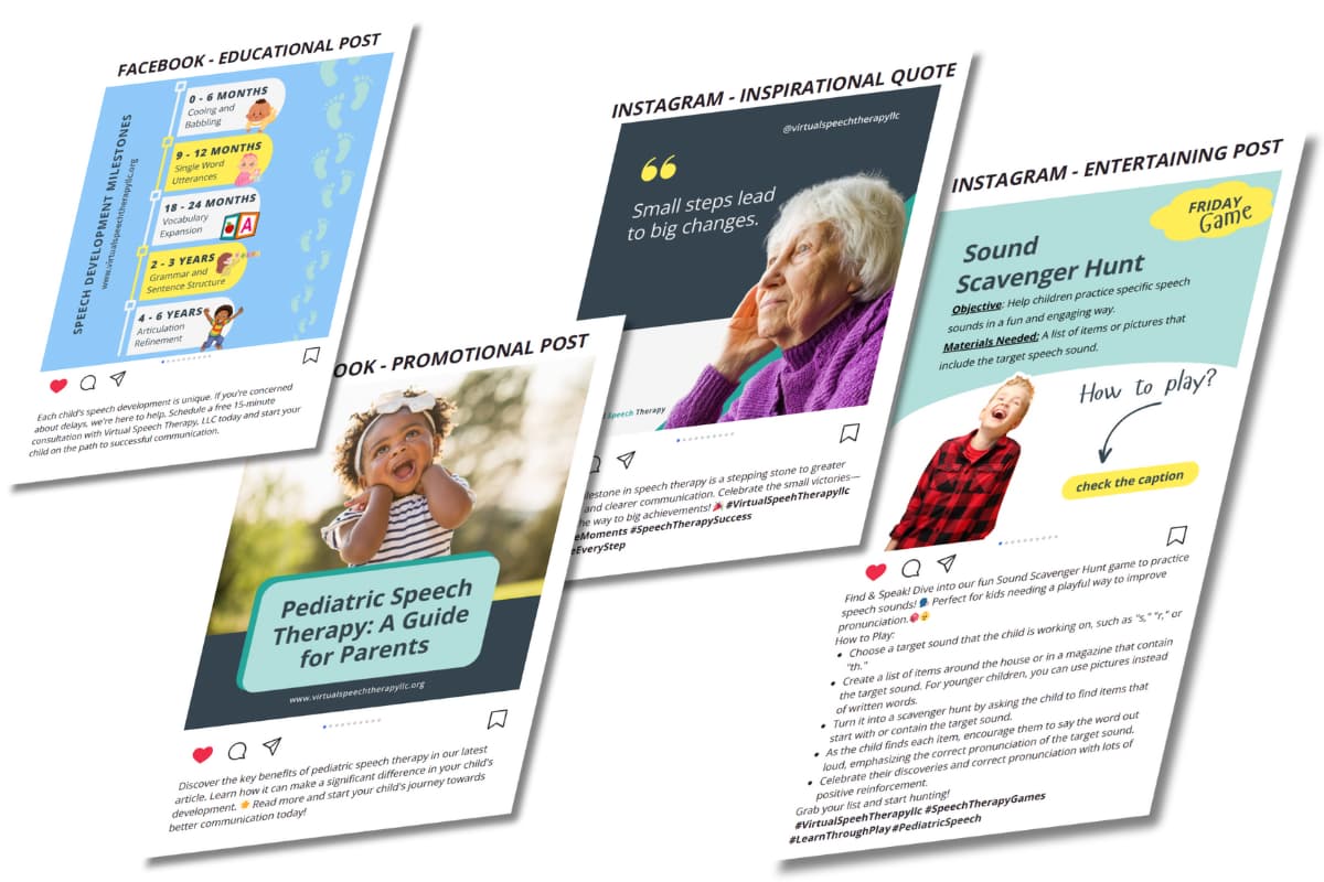 Sample of Social media posts. Social media strategy and branding for Virtual Speech Therapy, LLC.