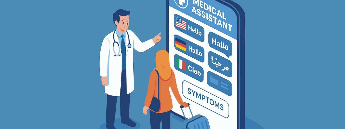 Illustration of a doctor and patient using a mobile medical assistant app with multiple language options, showing the role of multilingual tools in effective communication.