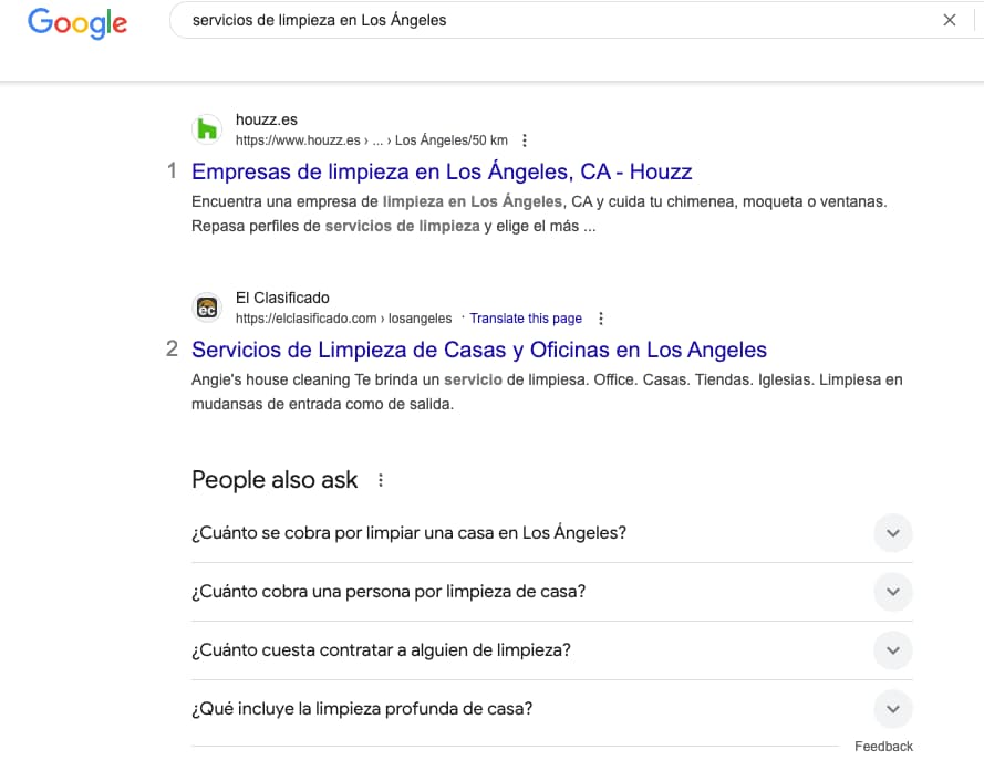 Screenshot of Google search results for "servicios de limpieza en los Angeles." Showcasing importance of Spanish SEO.
