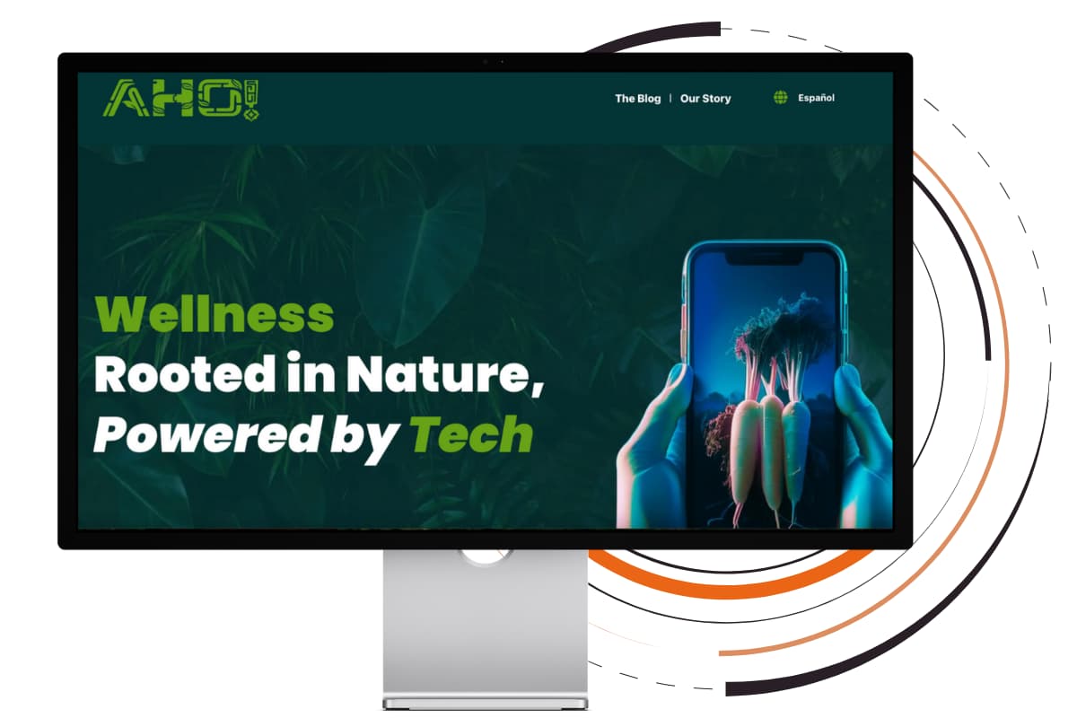 Home page header of AHO! on a wide screen with some circles as the background of the image.
