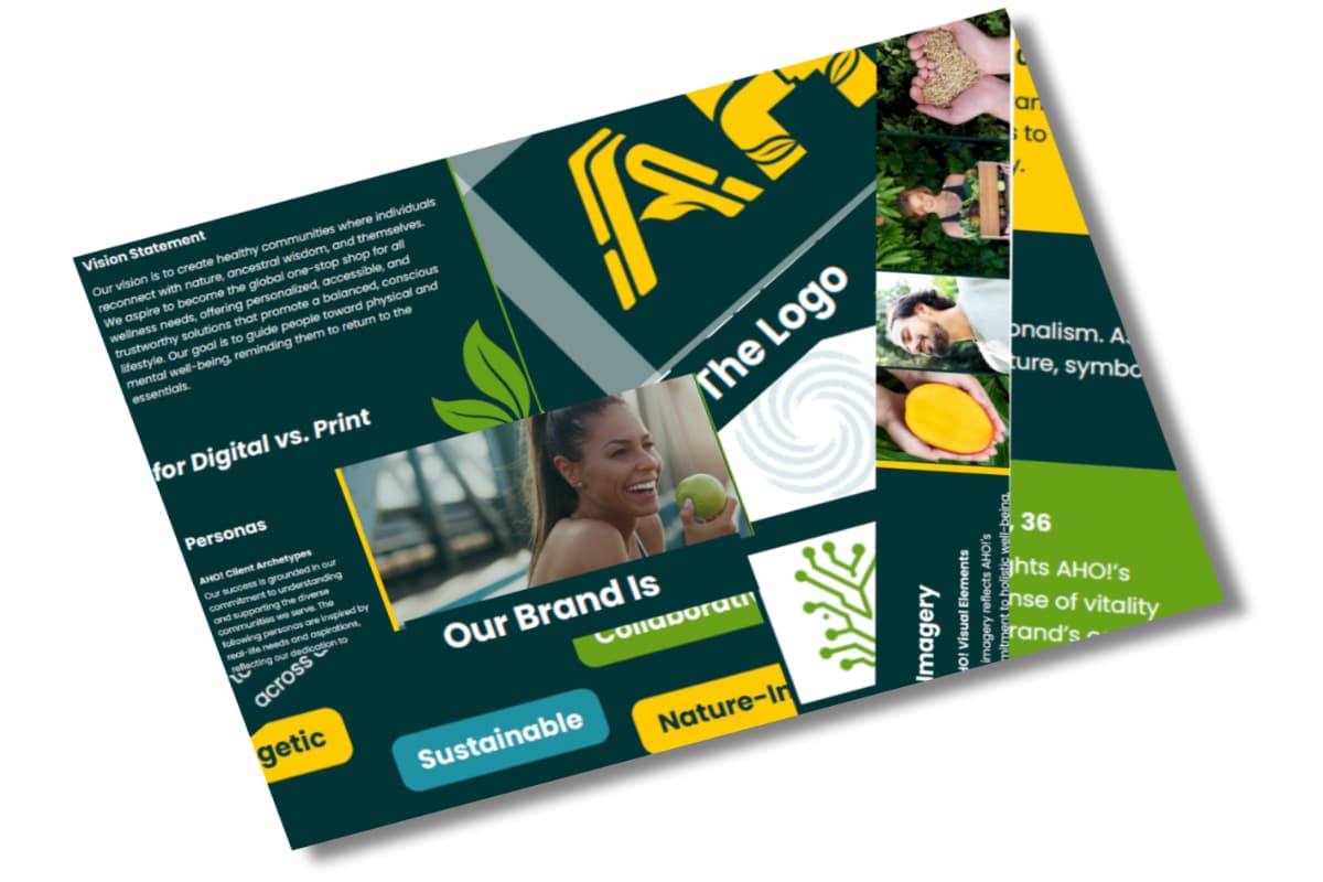 Overview of brand guide for AHO!, Colors, imagery, icons, and fonts.