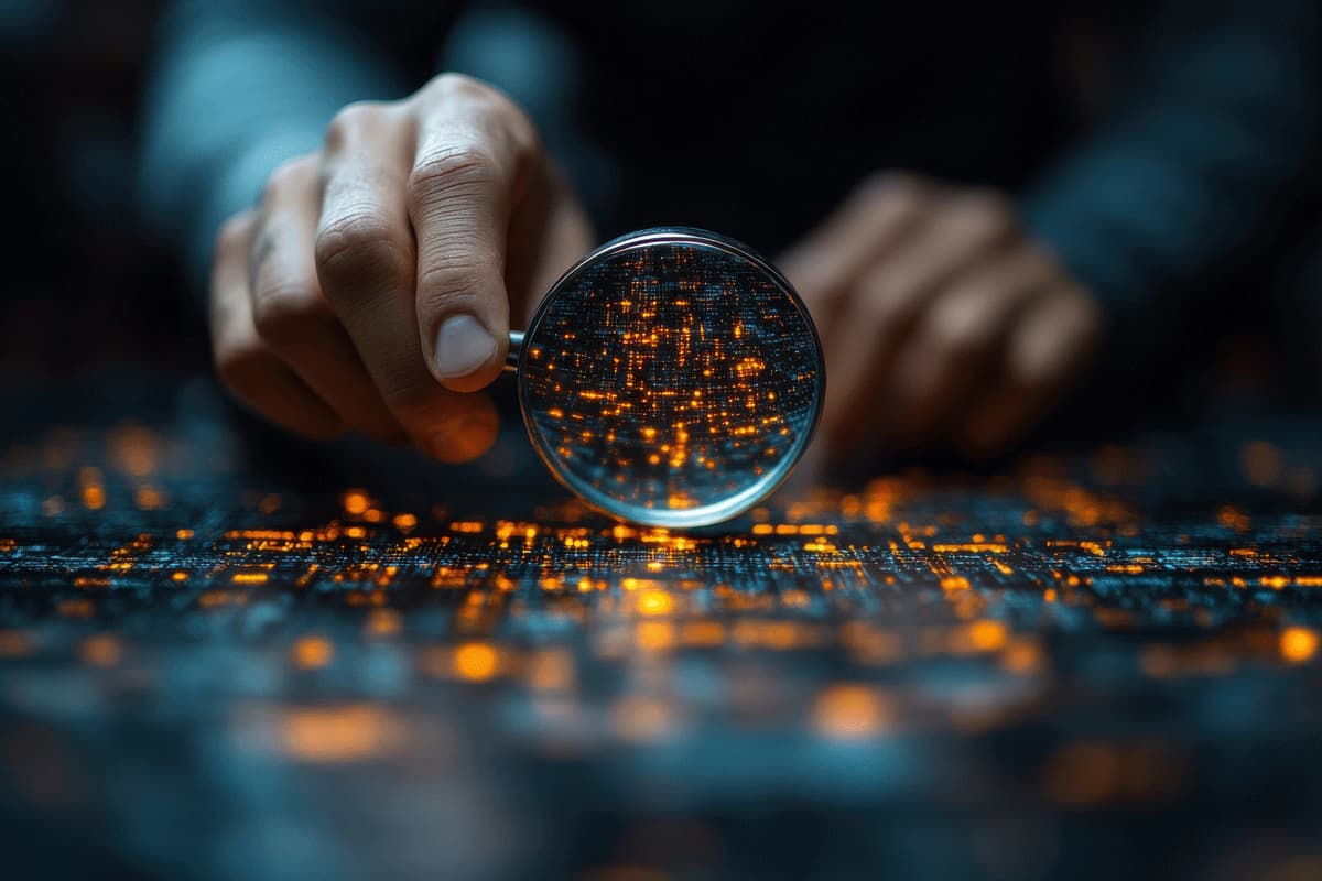 Hand of a man with a magnifying glass over what looks like a city at night to represent international keyword research.