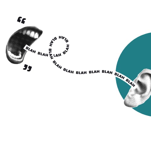 Illustration of a mouth with a string of "BLAH" leading to an ear, symbolizing the languages we specialize in.