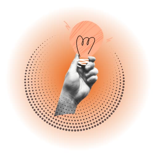 Collage-style hand holding a lightbulb, symbolizing digital marketing solutions for small businesses.