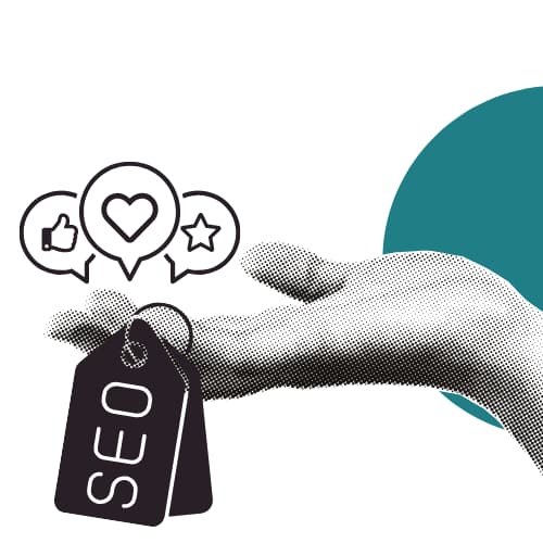 Collage-style hand with social icons, a star, and SEO chain, representing small business marketing tools.