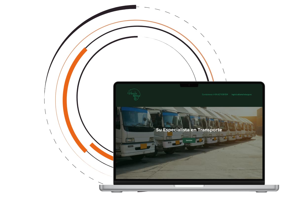Home page header of Amelie Kargo on a laptop with some circles as the background of the image.