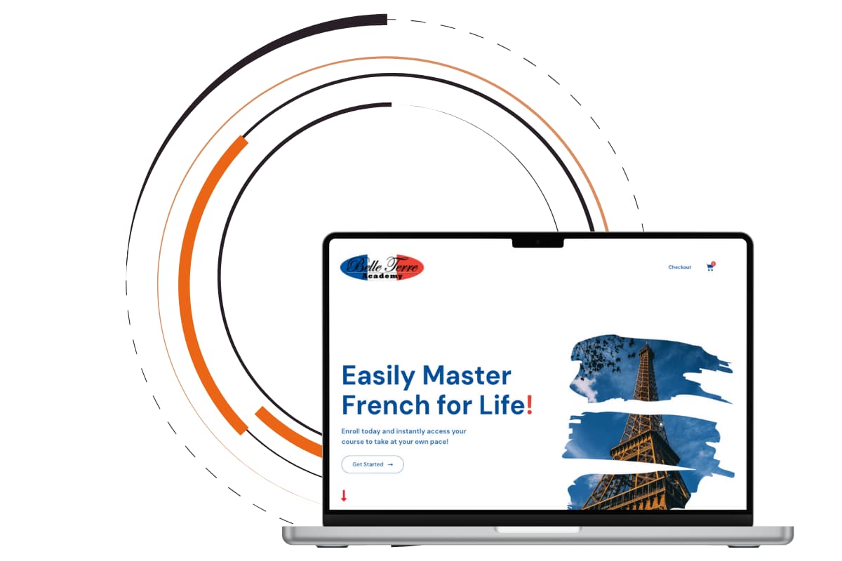Home page header of Belle Terre Academy on a laptop with some circles as the background of the image.