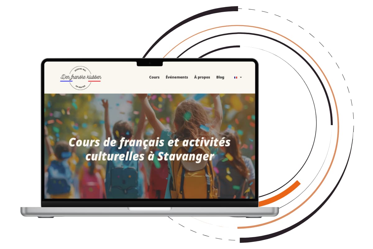 Home page header of DMUM on a laptop with some circles as the background of the image.