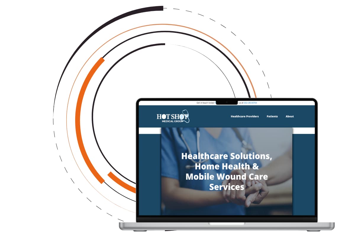 Home page header of Hot Shot Medical Group on a laptop with some circles as the background of the image.