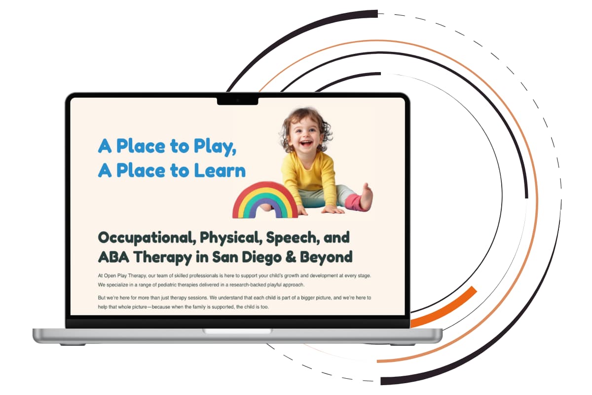 Home page header of Open Play Therapy on a laptop with some circles as the background of the image.