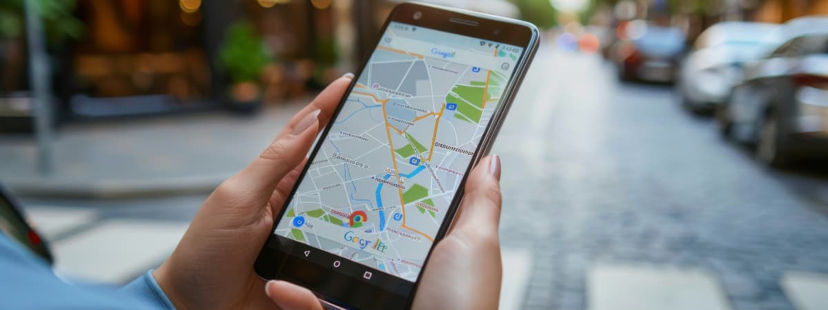 Person using Google Maps on smartphone, representing Local SEO vs Global SEO location-based strategies.