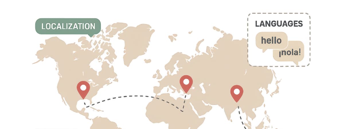 World map with localization points illustrates global reach and language adaptation in multilingual content marketing.
