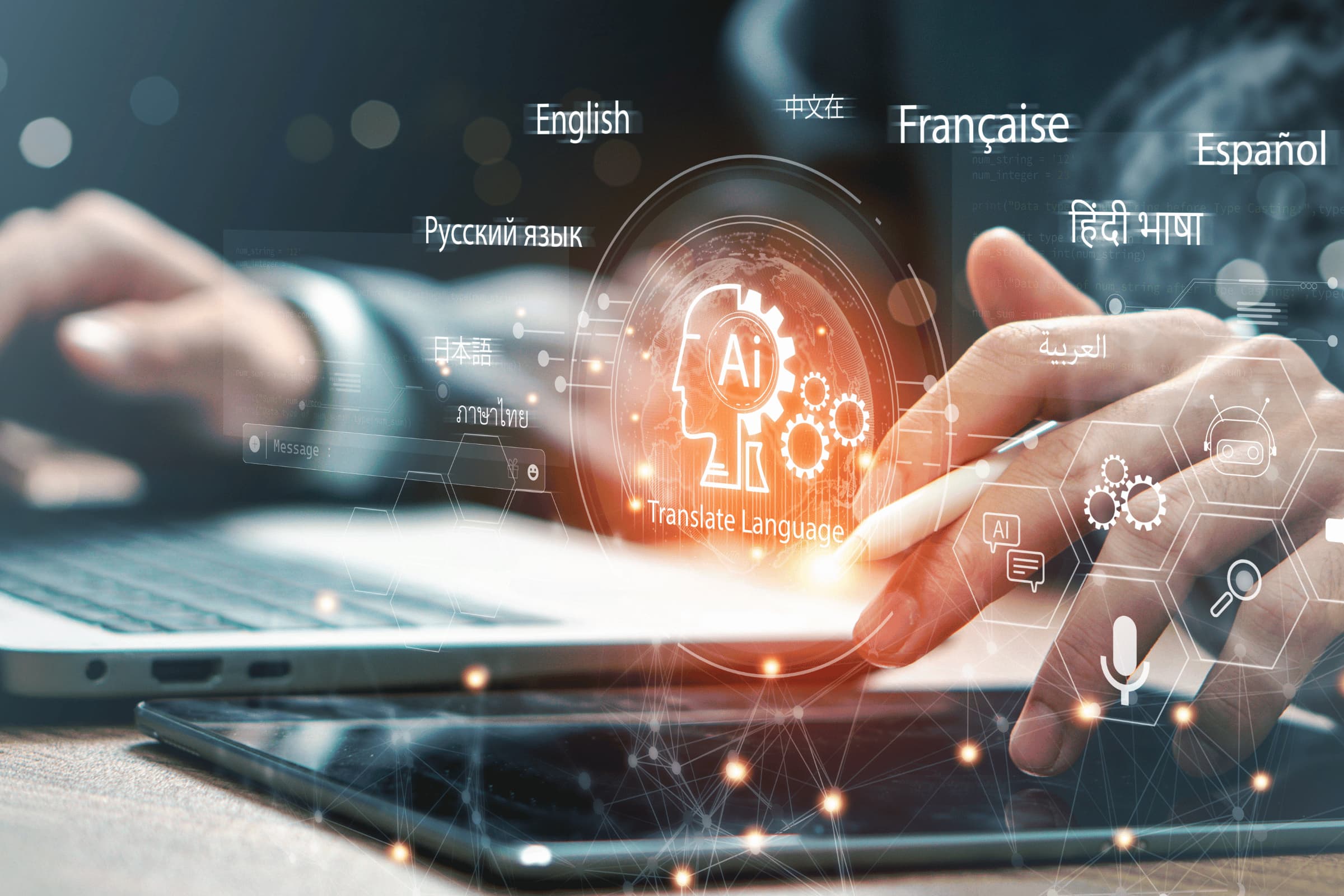 AI-powered translation tools an laptop supporting multilingual content marketing across English, French, Spanish, Hindi.