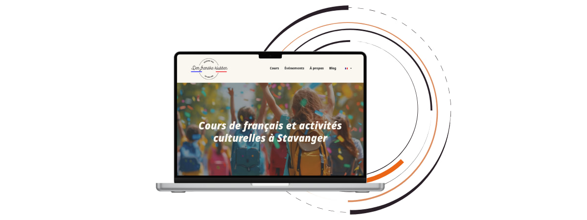 Multilingual SEO consultancy project displaying French language course website on laptop screen.