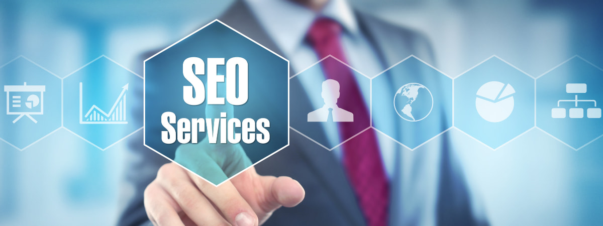 Businessman pointing at virtual screen displaying multilingual SEO services icons.