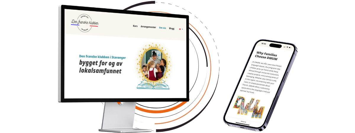 Multilingual SEO consultancy solution for Den Franske Klubben displayed on desktop and mobile, featuring community-driven French language courses and family-focused content.