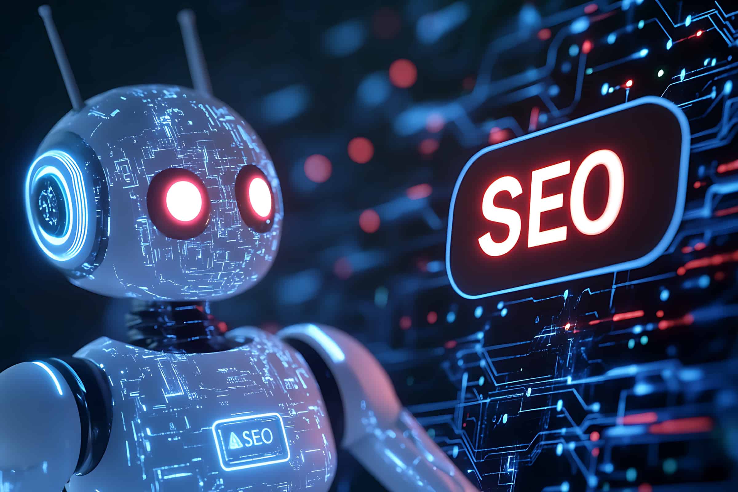 A futuristic AI robot analyzing digital data with glowing circuits and the word SEO displayed on a screen, representing the Best AI Tools for SEO 2025.