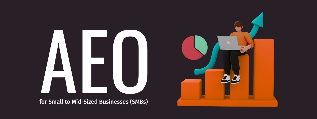 "Answer Engine Optimization for Small to Mid-Sized Businesses (SMBs) visual showing a person analyzing growth data on a laptop beside rising orange bars and analytics icons."