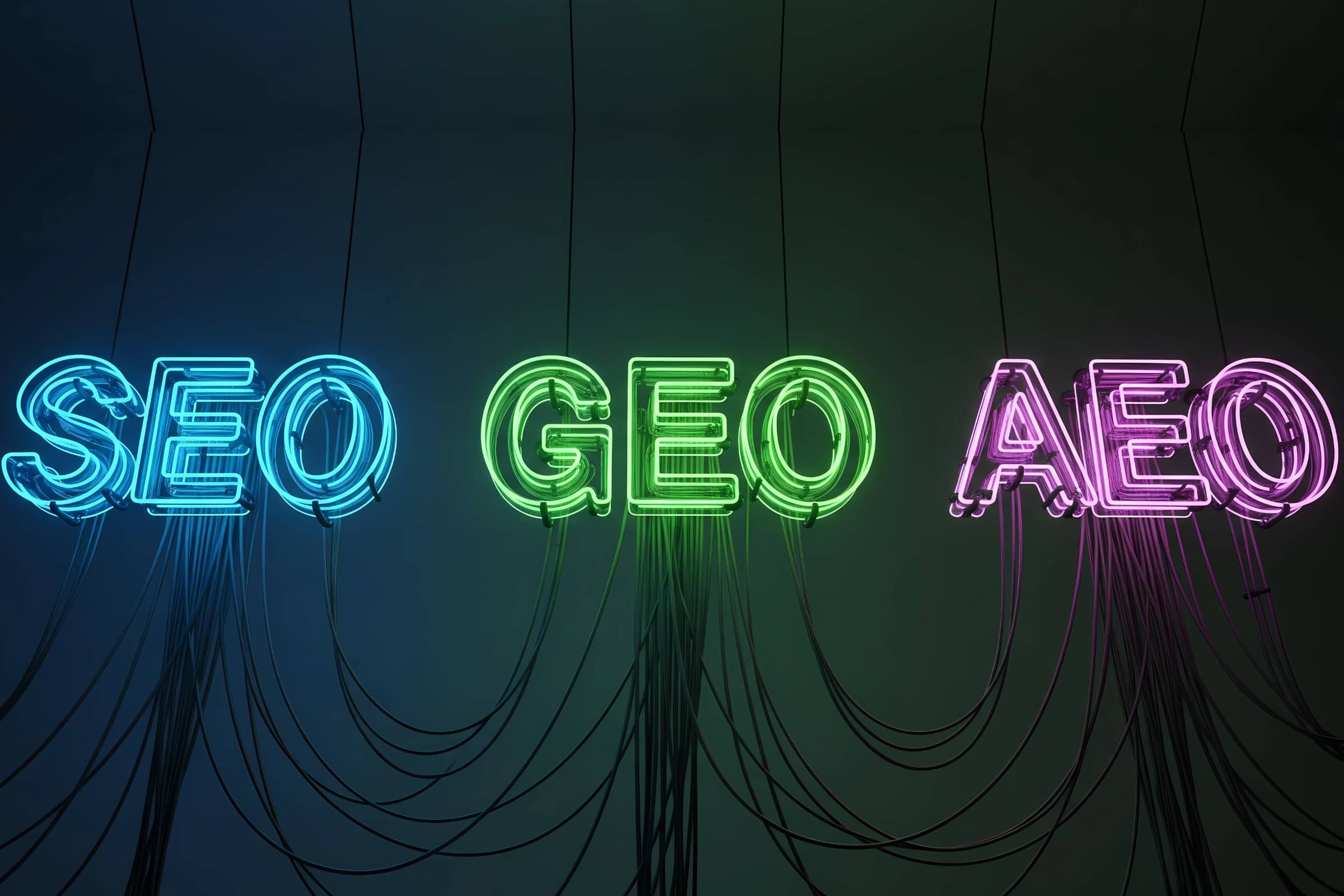 Neon lights display the words SEO, GEO, and AEO in blue, green, and purple colors, representing the comparison of AEO vs SEO vs GEO in digital marketing and AI search optimization.