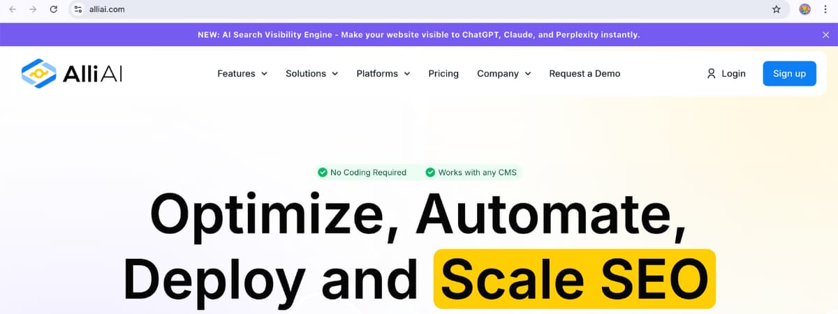 AlliAI homepage showing AI SEO automation features to optimize, automate, and scale SEO for websites – Best AI Tools for SEO 2025.