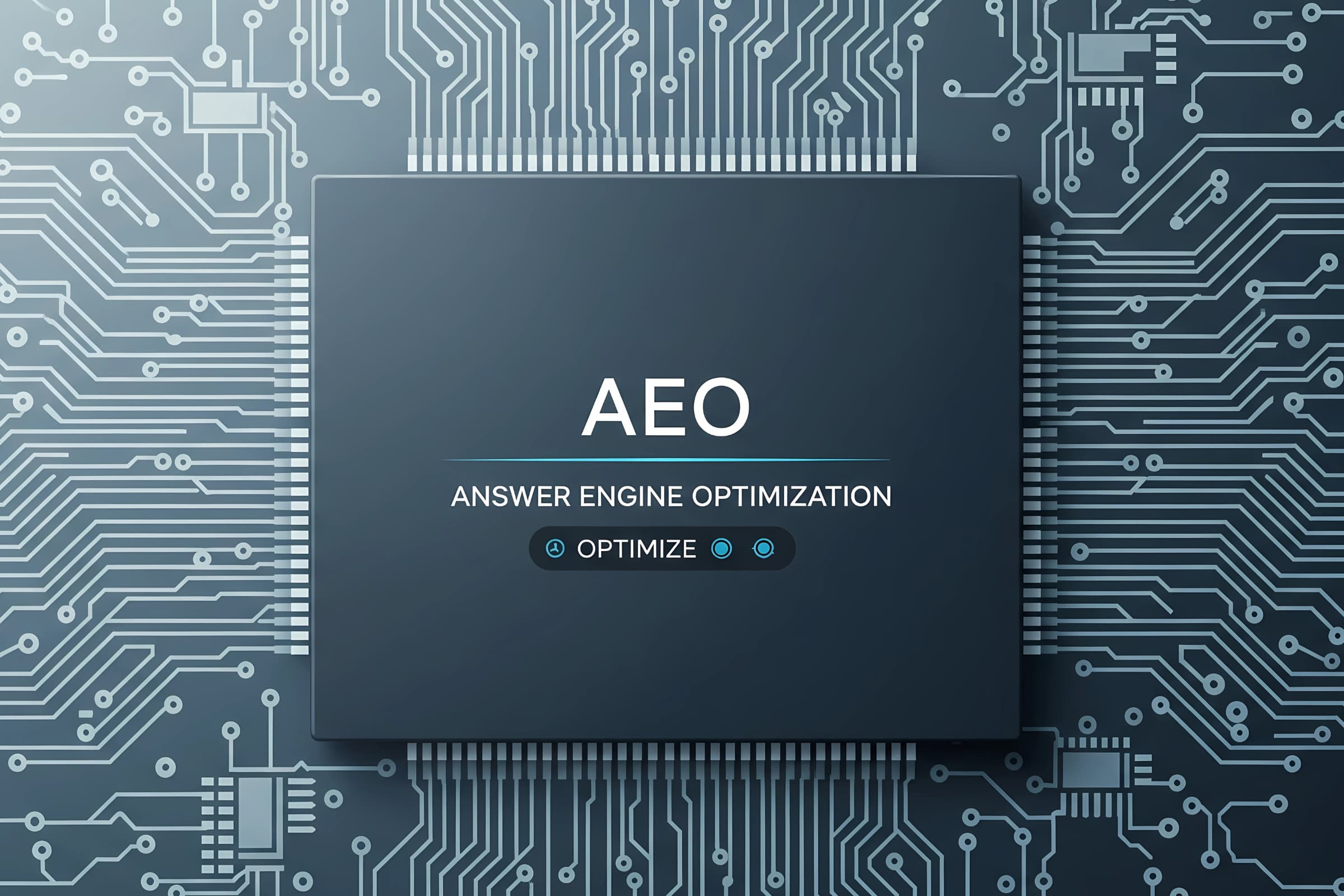 Answer Engine Optimization (AEO) concept illustration showing a microchip with digital circuits and the word 'Optimize', representing advanced AEO strategies for zero-click search.