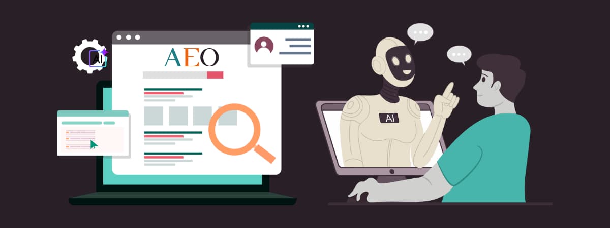 AEO vs SEO vs GEO – Answer Engine Optimization (AEO) concept showing AI chatbot assisting user in modern search results.