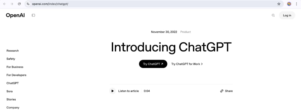 OpenAI website introducing ChatGPT, showcasing AI innovation relevant to the Best AI Tools for SEO 2025.