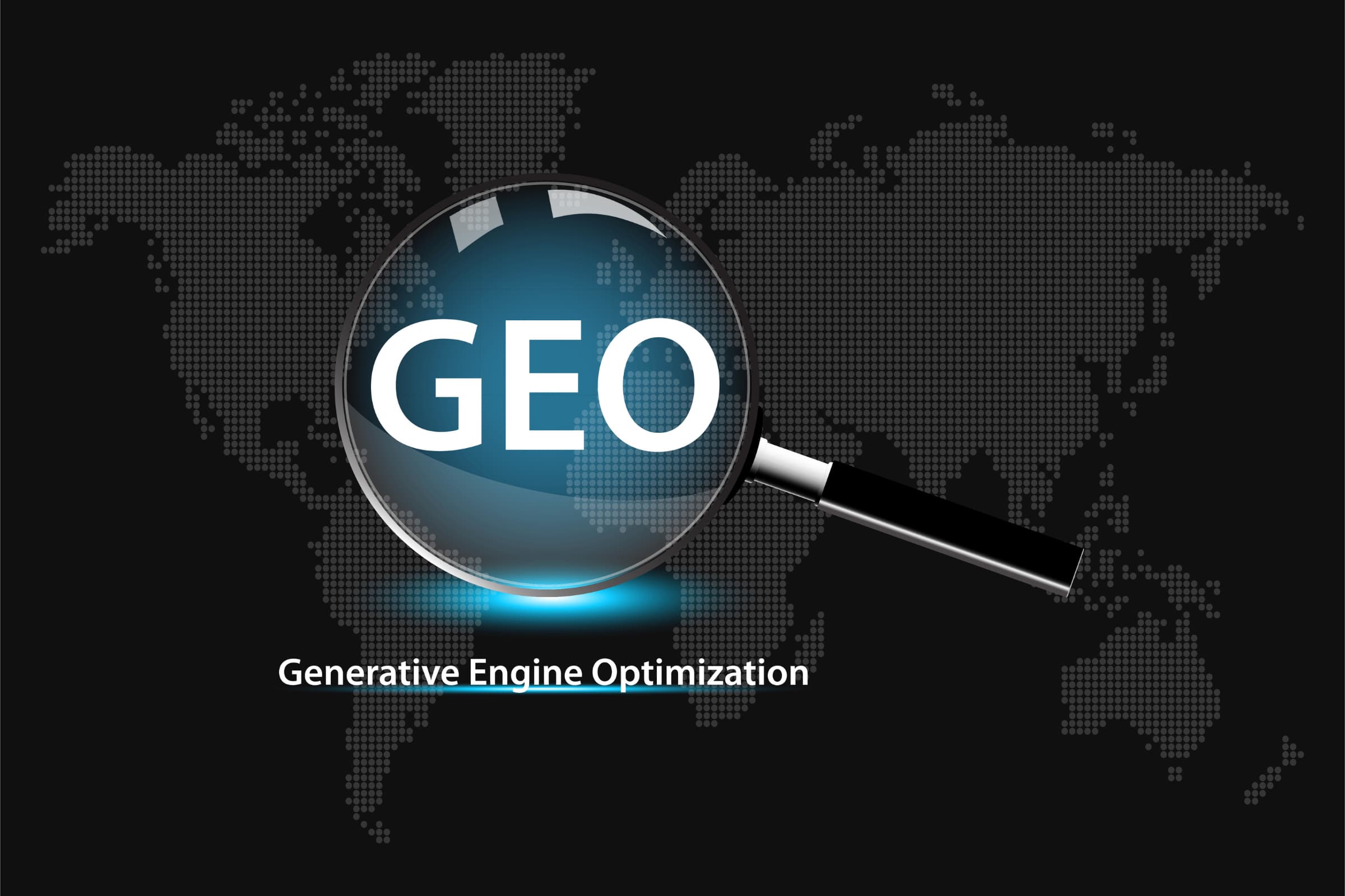Magnifying glass highlighting the term GEO with the phrase Generative Engine Optimization over a world map background, symbolizing the concept of what is GEO in digital search and AI-driven optimization.