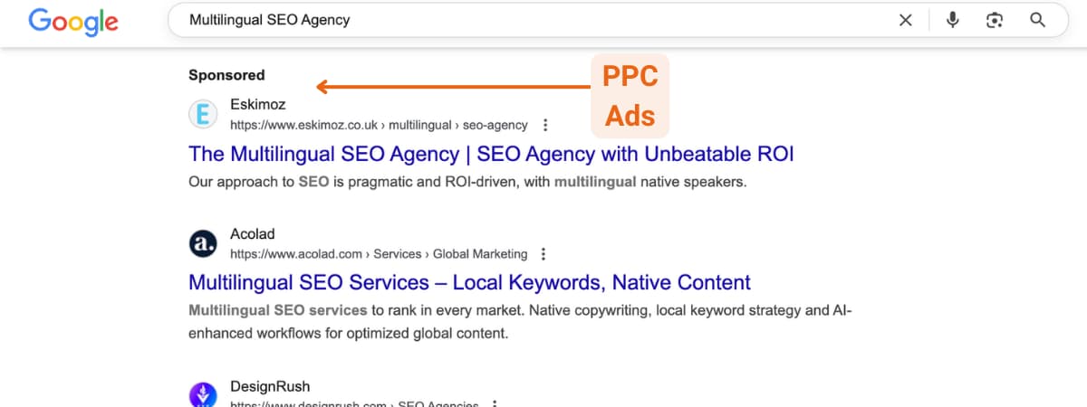 Screenshot of Google search results for “Multilingual SEO Agency,” showing Eskimoz ranking at the top — representing PPC performance in the SEO vs PPC debate.